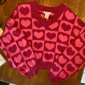 Sincerely Jules V Neck Cropped Sweater Size Small Light Pink/Dark Pink Hearts